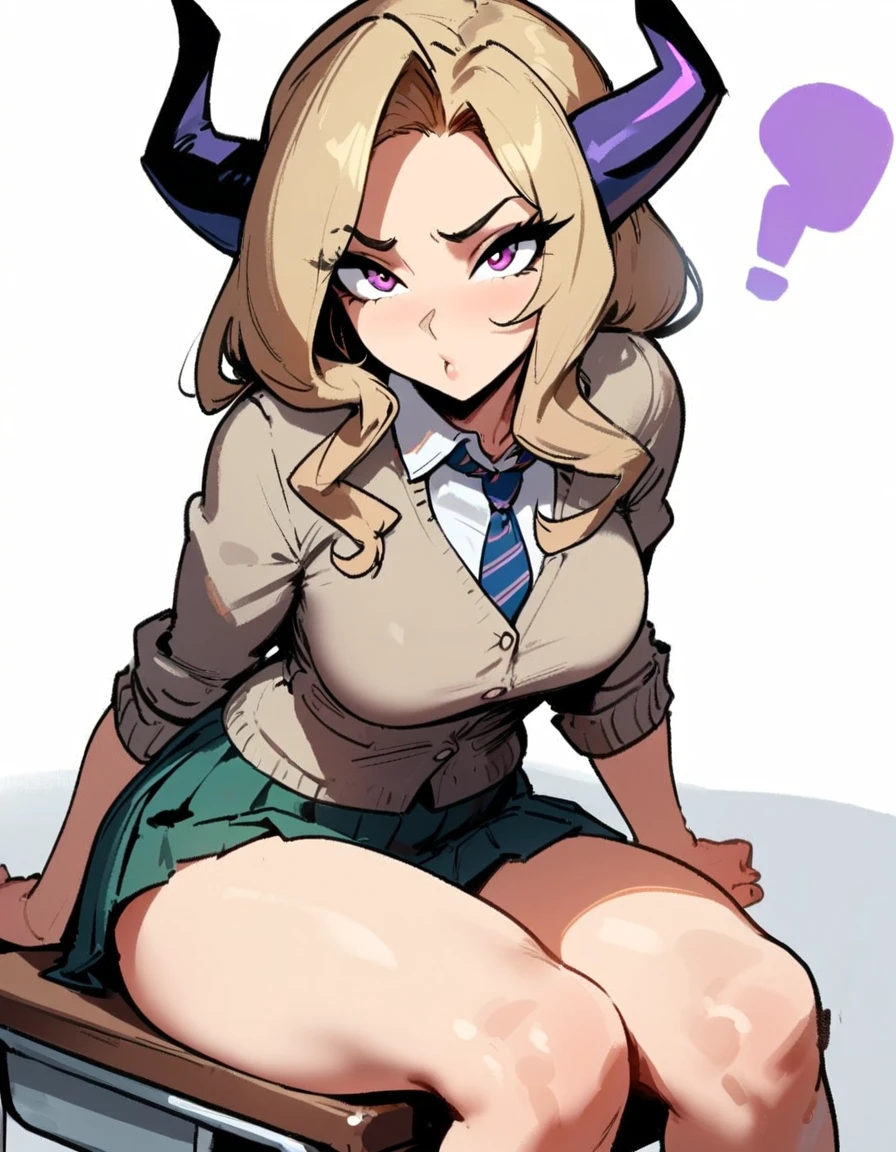 1girl, mount lady, boku no hero academia \\\\\ masterpiece, best quality, very aesthetic, absurdres, newest \\\\\\ sportive body, \\\\\\ by dodok, nyantcha, cutesexyrobutts, by khyle ///// blonde, purple eyes, (school uniform:1.2), skirt, , 24 years old, white background,tie,sit on desk, , striped