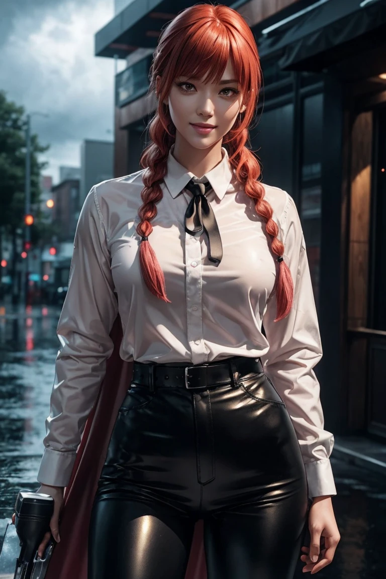 Chainsaw Man,Makima,With bangs,Red Hair,Braids at the back,Golden Eyes,White long sleeve shirt,Black tie,Black Leather Pants,Ultra HD,super high quality,masterpiece,Digital SLR,Photorealistic,Detailed details,Vivid details,Depicted in detail,A detailed face,Detailed details,Super Detail,Realistic skin texture,Anatomical basis,Perfect Anatomy,Anatomically correct hand,Anatomically correct fingers,Complex 3D rendering,Sexy pose,Rainy Sky,Beautiful scenery,Fantastic rainy sky,Picturesque,Pink Lips,smile,