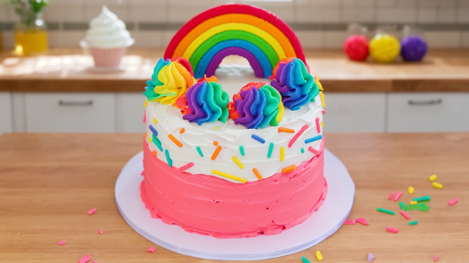 A vibrant and colorful cake with a rainbow decoration on top. The cake has pink and white frosting with rainbow sprinkles scattered on it. The top of the cake features multi-colored swirls of frosting in blue, purple, green, yellow, and orange. The background is a cozy kitchen with soft, warm lighting.