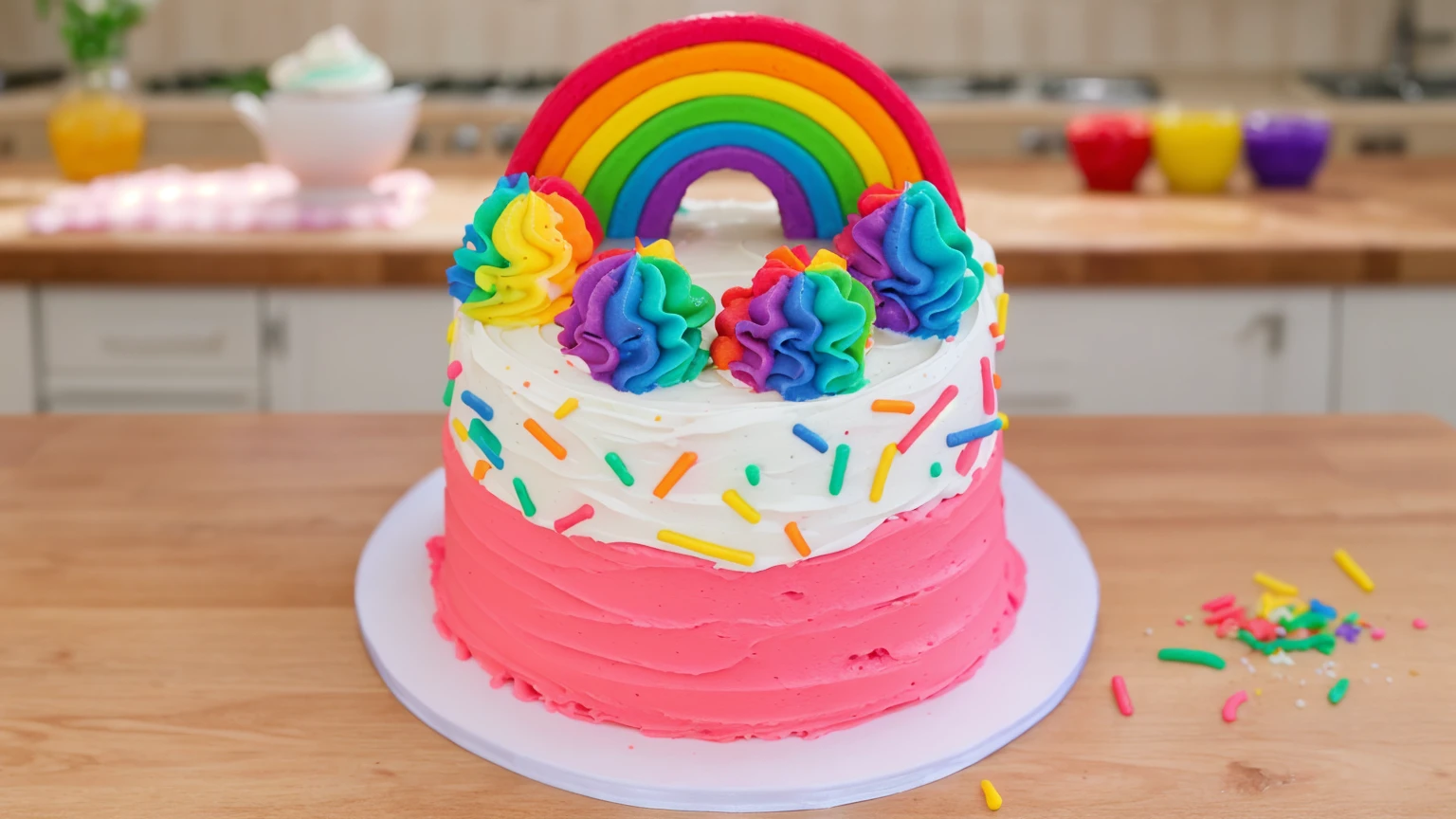 A vibrant and colorful cake with a rainbow decoration on top. The cake has pink and white frosting with rainbow sprinkles scattered on it. The top of the cake features multi-colored swirls of frosting in blue, purple, green, yellow, and orange. The background is a cozy kitchen with soft, warm lighting.