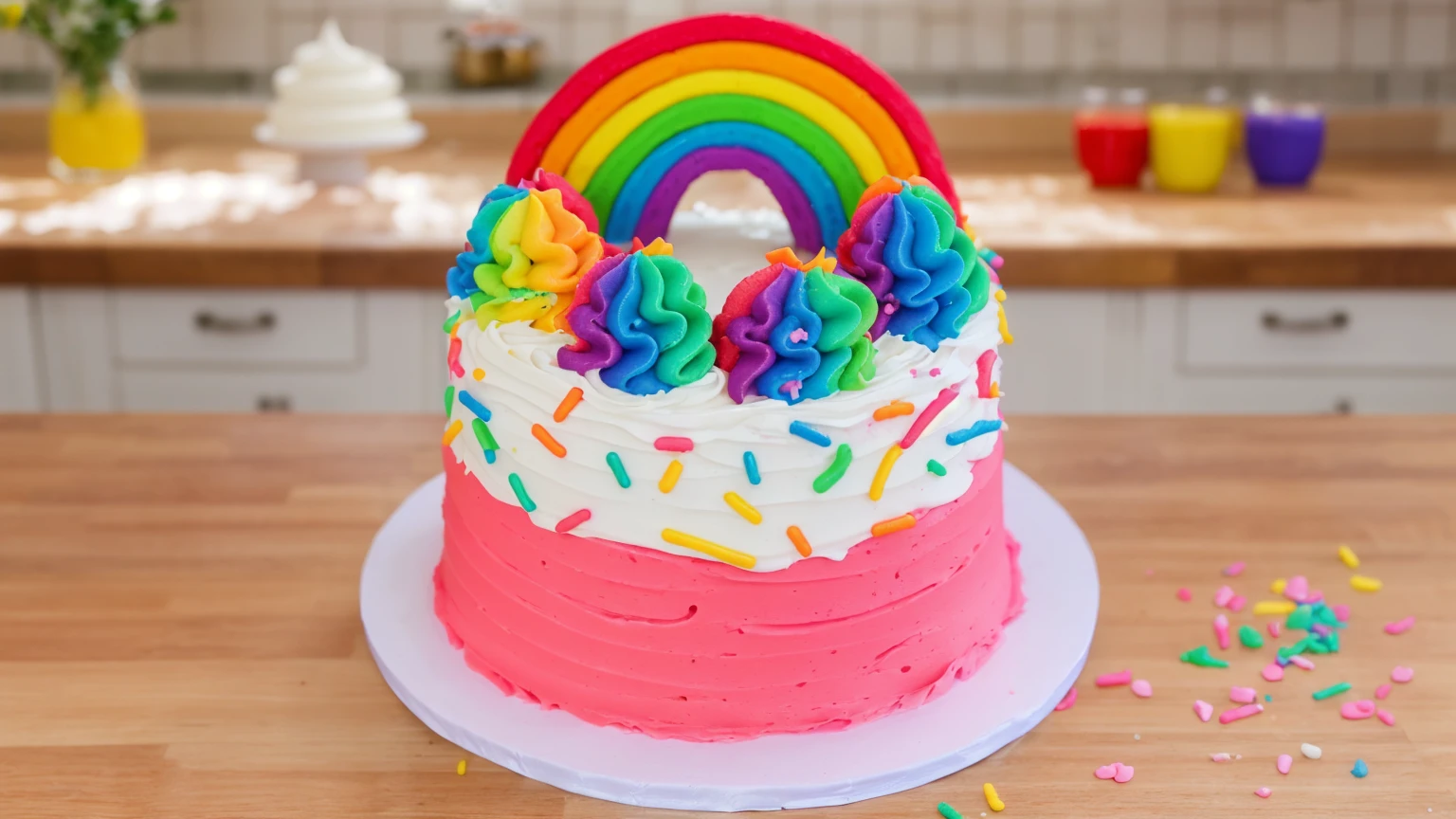 A vibrant and colorful cake with a rainbow decoration on top. The cake has pink and white frosting with rainbow sprinkles scattered on it. The top of the cake features multi-colored swirls of frosting in blue, purple, green, yellow, and orange. The background is a cozy kitchen with soft, warm lighting.