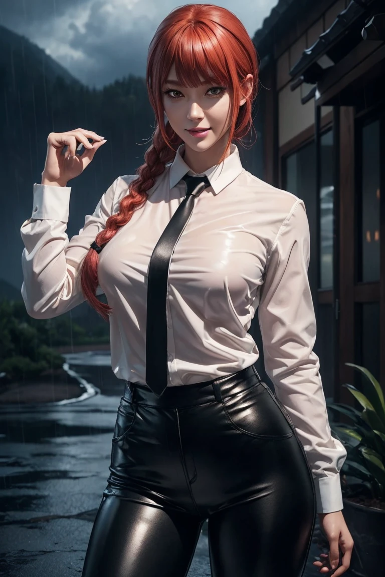 Chainsaw Man,Makima,With bangs,Red Hair,Braids at the back,Golden Eyes,White long sleeve shirt,Black tie,Black Leather Pants,Ultra HD,super high quality,masterpiece,Digital SLR,Photorealistic,Detailed details,Vivid details,Depicted in detail,A detailed face,Detailed details,Super Detail,Realistic skin texture,Anatomical basis,Perfect Anatomy,Anatomically correct hand,Anatomically correct fingers,Complex 3D rendering,Sexy pose,Rainy Sky,Beautiful scenery,Fantastic rainy sky,Picturesque,Pink Lips,smile,