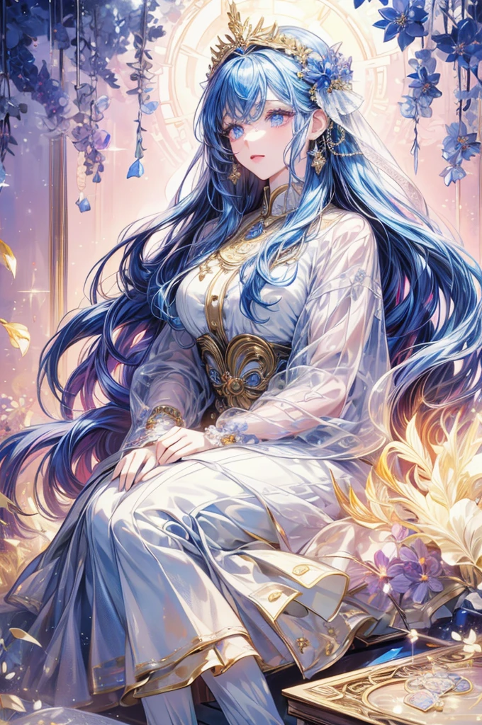 Long hair woman、Dolls。In a wheelchair、Break、White skin、Symmetrical left and right eyes、Exquisite eyes、Sparkling violet eyes、Gold Hair Accessories Mosaic Pattern Background、spotlight、High contrast、Striking shadows、Detailed shadows、Perfect workmanship、masterpiece、Top quality、Top image quality