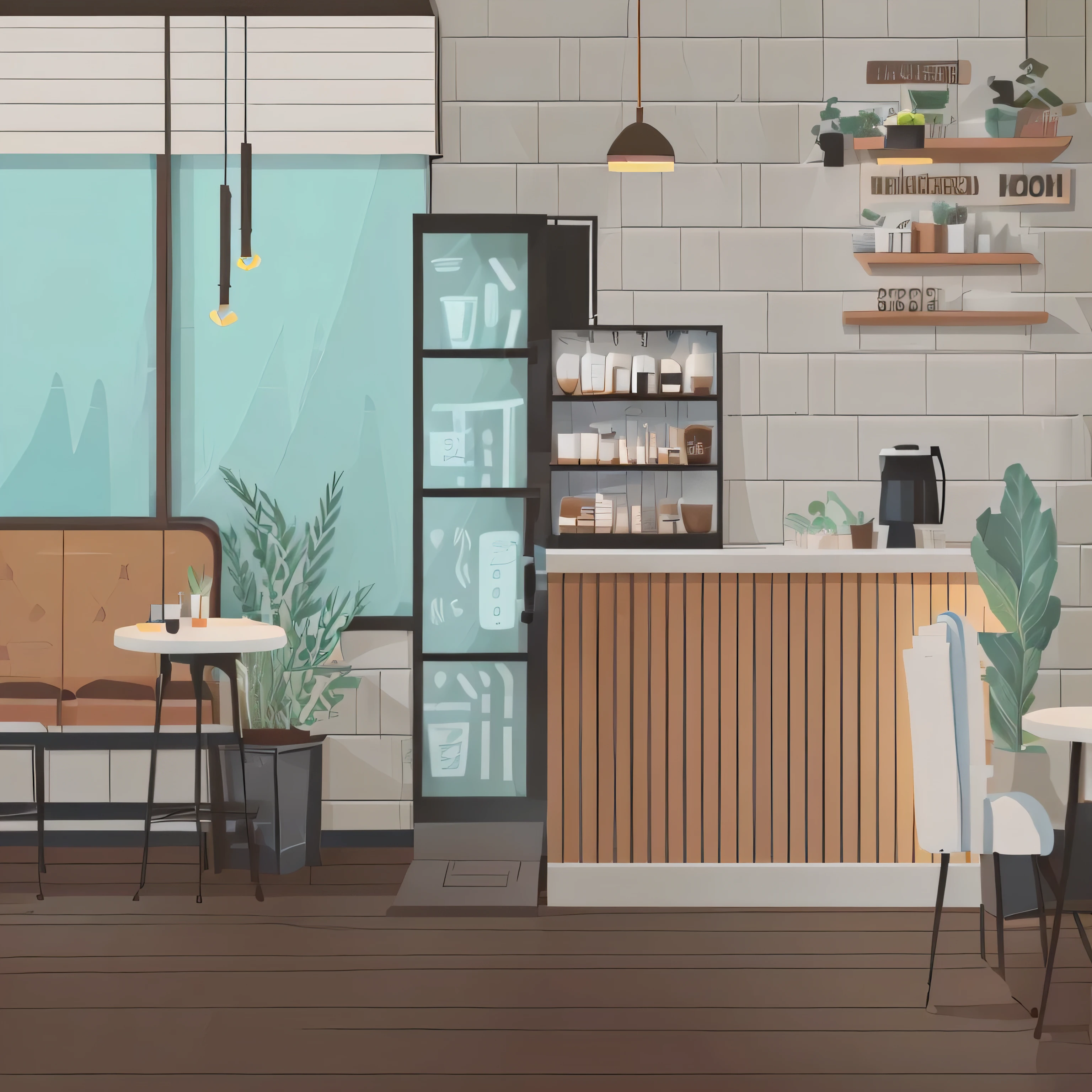 illustration of a coffee shop with a counter and chairs, cozy cafe background, small hipster coffee shop, flat illustration, coffee shop, illustrated starbucks interior, cafe interior, an illustration of a bar/lounge, shaded flat illustration, detailed scene, random background scene, detailed 2d illustration, mcdonalds interior background, detailed an empty jazz cafe, flat 2 d design, convenience store