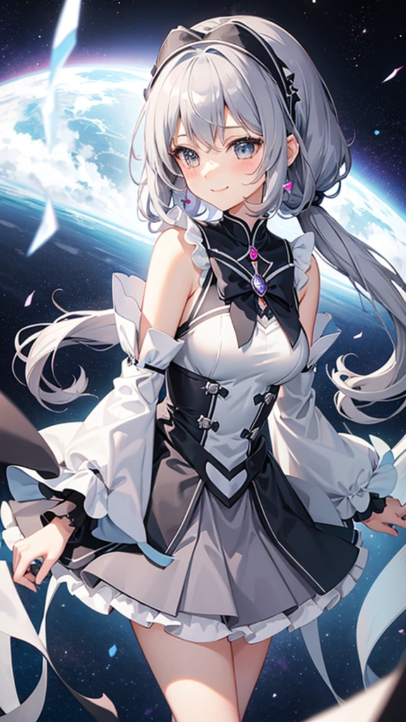 Magical girl Grey sexy costume Grey medium hair mini skirt No sleeve Long gloves Headband blush smile standing facing this way universe space