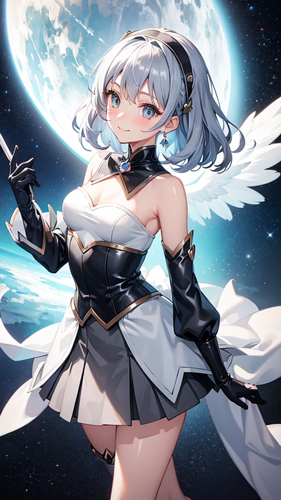 Magical girl　Grey sexy costume　Grey medium hair　mini skirt　No sleeve　Long gloves　Headband　blush　smile　standing facing this way　universe space