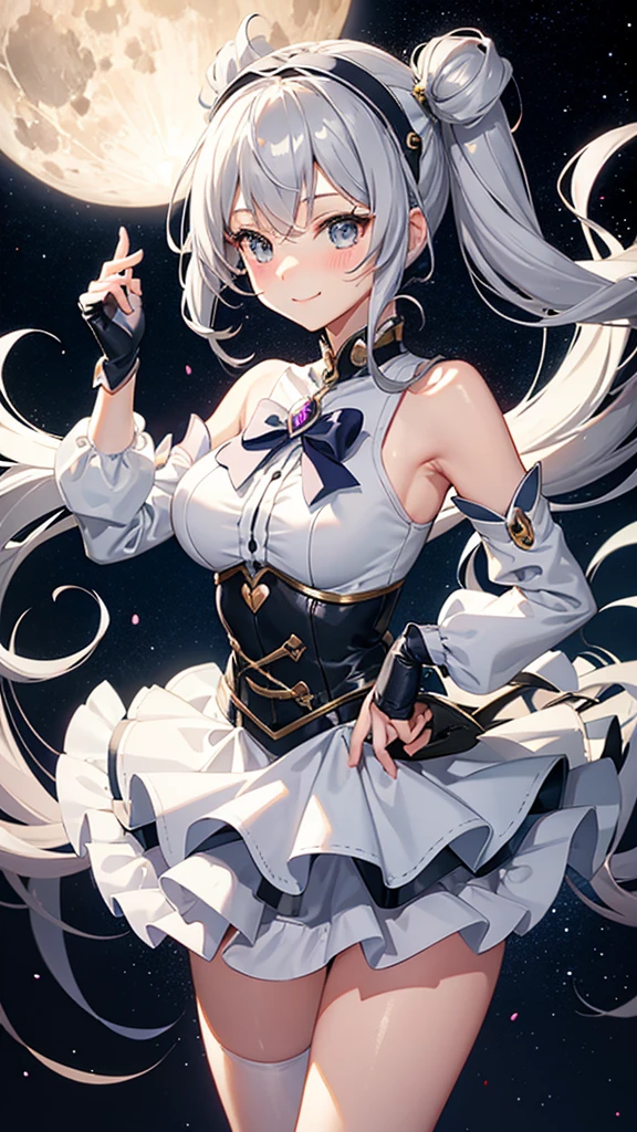 Magical girl　Grey sexy costume　Grey medium hair　mini skirt　No sleeve　Long gloves　Headband　blush　smile　standing facing this way　universe space