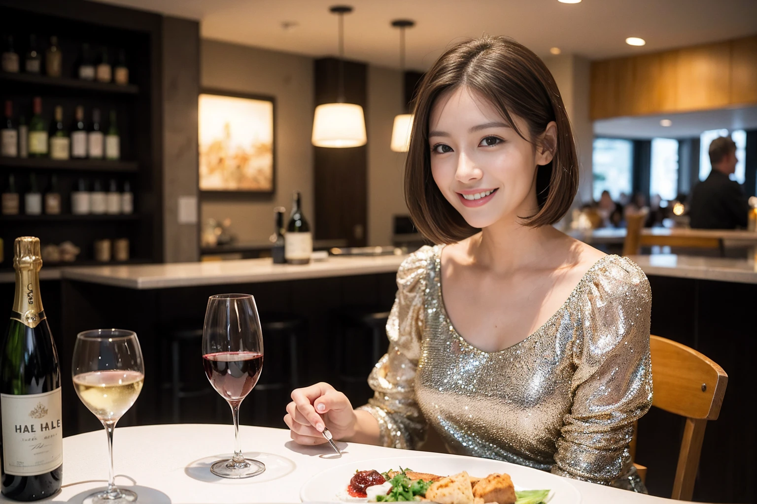 ((Highest quality、8K、masterpiece:1.3))、1 male、1 woman who resembles Satomi Ishihara、Couple、spouse、Couple、The body is slim、((Bob Hale、Straight hair:1.2)), (Realistic, Intricate details:1.2), テーブルの上のwine glass、Put the light on your face、 Amazing view of the sunset sky and clouds、Amazing mountain views、A bright smile、The wonderfulness of smile、Bright image、The beauty of wine, Beautiful Face, blue eyes, The light shines on your face, Blushing, short hair,Bright Face、42 years old), 39 years old, red wine 、Appetizers、Italian food、Wine bottle、Champagne、sparkling wine、Two beauties、Brown Hair、Shortcuts、Long sleeve shirt、dress、Beautiful woman 1, (slimな顔), (The body is slim), (Brown Hair), (Shortcuts), cheeks turn a little red,Attractive beauty、restaurant, In a prominent place (From the waist up) Nova Frog Style, actress, model, Upper Body, White wine, slim, wine glass, 中央に置かれたwine glass, smile, (smile: 1.15), Beautiful fine grain, Depth f/2,saturation, High Contrast, Strong light and shadow,Moist Body:1.5、3D texture、Delicate eyes、Brown Hair、The hair is very shiny、