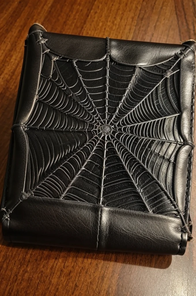 Real Spider web inside old leather wallet opened