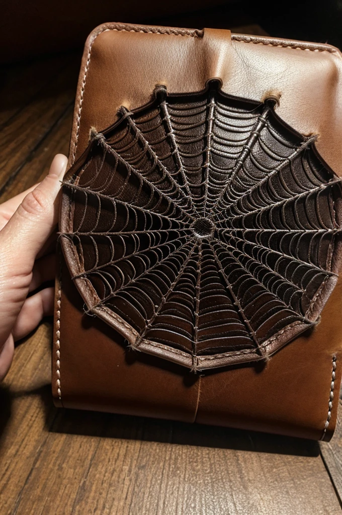 Real Spider web inside old leather wallet opened