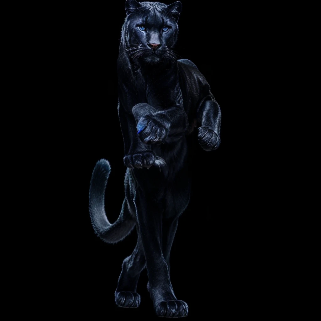 Complete full body image and very real. A female panther, she walks gracefully on two legs, black fur with deep indigo blue slitted eyes. Photorealism, full view, highly detailed image, very realistic, hyperrealism, Ultra HD, 8k, 5, sharp focus, intricate and mysterious masterpiece. (Long exposure photography Very detailed close-up portrait artistic illustration: final quality, medium shot, backlight, Rich and striking. Enigmatic and mysterious manipulations (composition of the rule of thirds), ((detailed environment with strong lines) The best quality, in camera, white light, warm and clean aesthetics, dazzling screen composed of millions of brilliant ultraviolet rays, HDR.