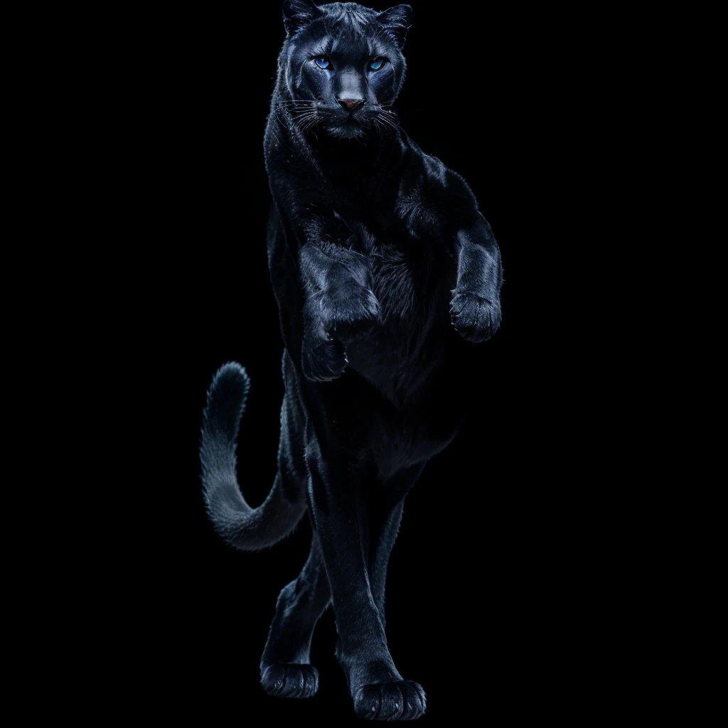 Complete full body image and very real. A female panther, she walks gracefully on two legs, black fur with deep indigo blue slitted eyes. Photorealism, full view, highly detailed image, very realistic, hyperrealism, Ultra HD, 8k, 5, sharp focus, intricate and mysterious masterpiece. (Long exposure photography Very detailed close-up portrait artistic illustration: final quality, medium shot, backlight, Rich and striking. Enigmatic and mysterious manipulations (composition of the rule of thirds), ((detailed environment with strong lines) The best quality, in camera, white light, warm and clean aesthetics, dazzling screen composed of millions of brilliant ultraviolet rays, HDR.