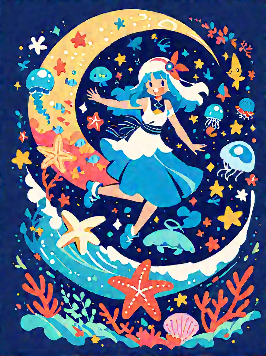 Vector flat illustration art,The girl is wearing a long blue wavy ornament on her head.,Funny illustration dancing with the waves,The headgear has a small crab on it.、Coral、Starfish、jellyfish、Small fish, etc..,(whole body),彼女のhairはたくさんの波と魚でできている、Coral、Starfish、jellyfish等组成,The background is the sea and the blue moon,(The background blends in with the girl.'hair),Surrounding both sides,Evoke the enchanting charm of the sea,White Background,Chinese calligraphy whisper,Vivid,flash,reflection,Best Number,8K,High resolution,High resolution,Double exposure,Beautiful digital illustrations,Evander Earl Style,Fine details,Paul Signac style,Beautiful details