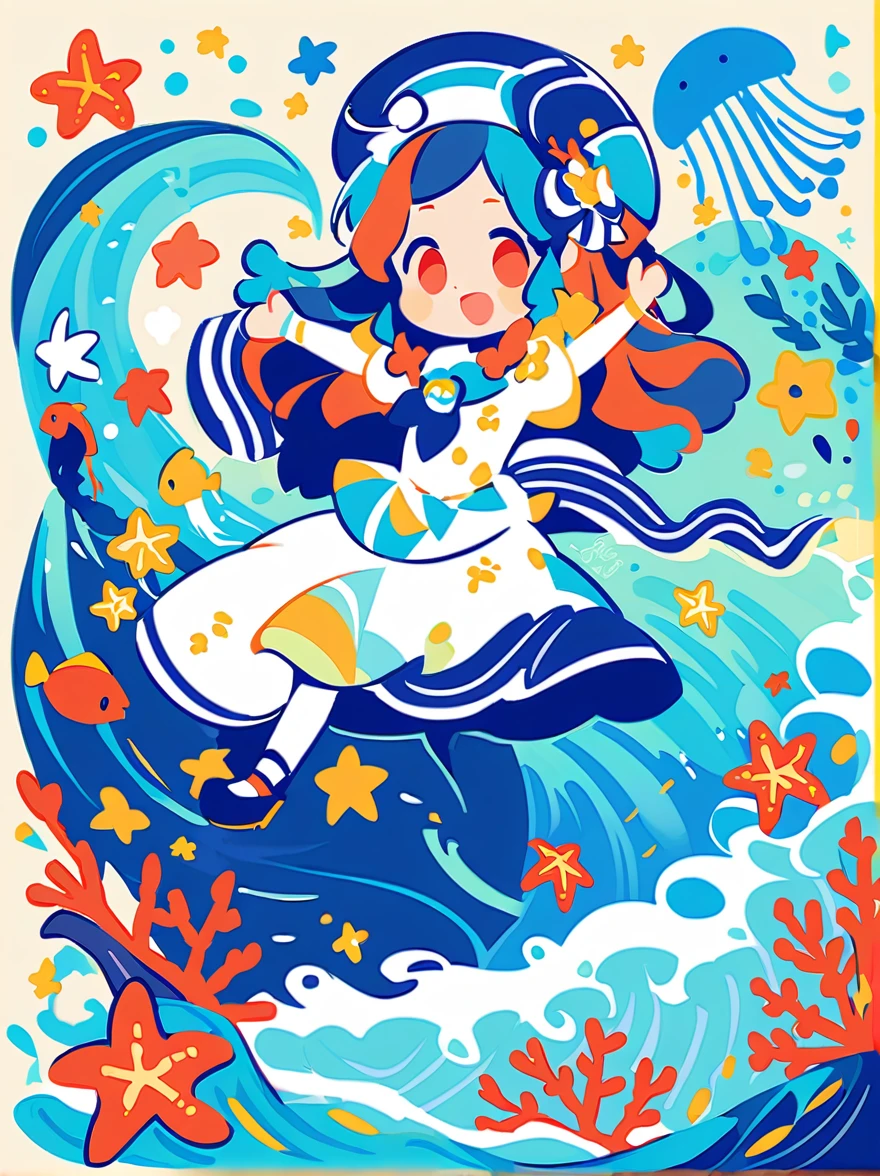 Vector flat illustration art,The girl is wearing a long blue wavy ornament on her head.,Funny illustration dancing with the waves,The headgear has a small crab on it.、Coral、Starfish、jellyfish、Small fish, etc..,(whole body),彼女のhairはたくさんの波と魚でできている、Coral、Starfish、jellyfish等组成,The background is the sea and the blue moon,(The background blends in with the girl.'hair),Surrounding both sides,Evoke the enchanting charm of the sea,White Background,Chinese calligraphy whisper,Vivid,flash,reflection,Best Number,8K,High resolution,High resolution,Double exposure,Beautiful digital illustrations,Evander Earl Style,Fine details,Paul Signac style,Beautiful details