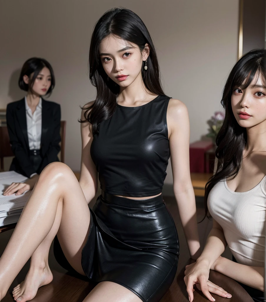 absurdres, RAW photo, extremely delicate and beautiful, masterpiece, Best Quality, ultra high resolution, 32k, hyperrealistic, ultra-detailed, perfect anatomy, super Detailed skin, perfect figure, Japanese woman, late 20s, very Slim body, narrow waist, very small head, handsome detailed woman, very detailed eyes and face, realistic face proportions, Stunning detailed eyes, Realistic beautiful face, very small face, Realistic small beautiful eyes, tearful mole, earring, beautiful and very thin legs, beautiful and very thin thighs, ((very huge round breasts)), medium hair, black hair, ((((full body shot)))), ((((3 girls)))), ((shirt)), ((sleeveless)), pencil skirt,