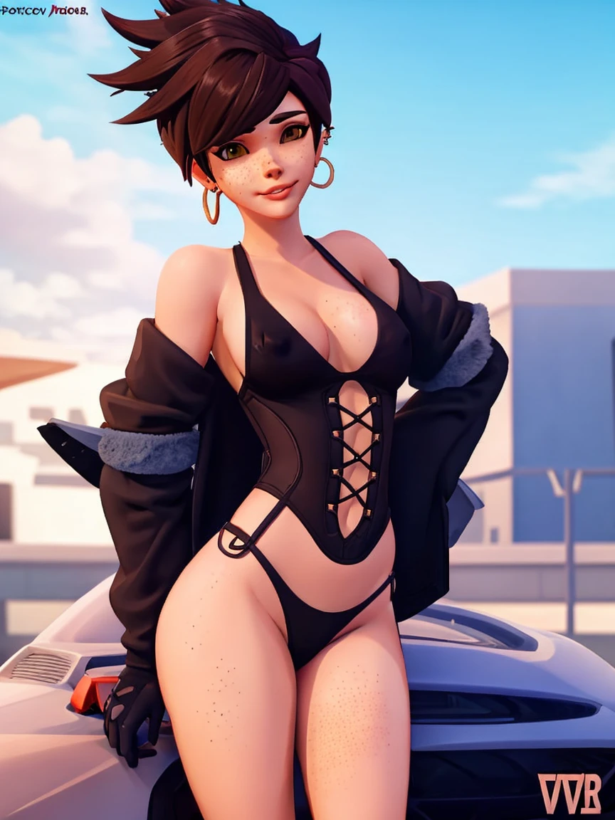 VHS cover for a porn starring tracer. hoop-earings. biting her lip. naked. nude. slut. small_boobs. freckles. pornstar nsfw