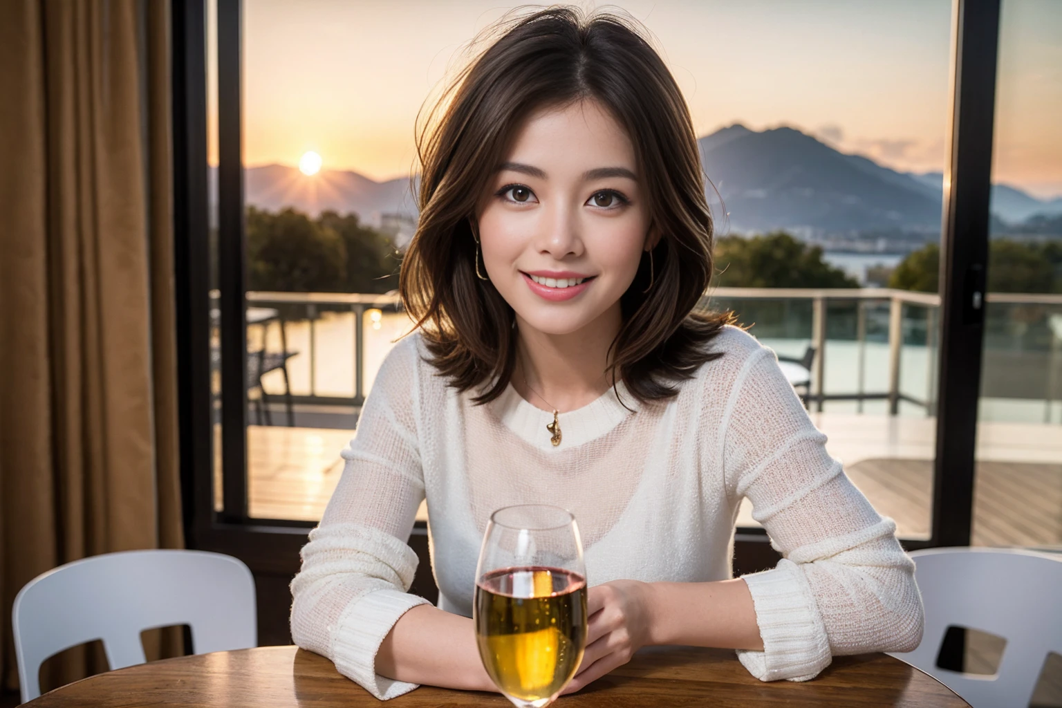 ((Highest quality、8K、masterpiece:1.3))、1 male、1 woman who resembles Satomi Ishihara、Couple、spouse、Couple、The body is slim、((Bob Hale、Straight hair:1.2)), (Realistic, Intricate details:1.2), テーブルの上のwine glass、Put the light on your face、 Amazing view of the sunset sky and clouds、Amazing mountain views、A bright smile、The wonderfulness of smile、Bright image、The beauty of wine, Beautiful Face, blue eyes, The light shines on your face, Blushing, short hair,Bright Face、42 years old), 39 years old, red wine 、Appetizers、Italian food、Wine bottle、Champagne、sparkling wine、Two beauties、Brown Hair、Shortcuts、Long sleeve shirt、dress、Beautiful woman 1, (slimな顔), (The body is slim), (Brown Hair), (Shortcuts), cheeks turn a little red,Attractive beauty、restaurant, In a prominent place (From the waist up) Nova Frog Style, actress, model, Upper Body, White wine, slim, wine glass, 中央に置かれたwine glass, smile, (smile: 1.15), Beautiful fine grain, Depth f/2,saturation, High Contrast, Strong light and shadow,Moist Body:1.5、3D texture、Delicate eyes、Brown Hair、The hair is very shiny、