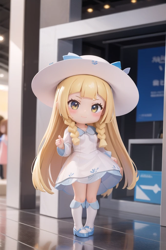 masterpiece, Highest quality,Super detailed, One girl, .Nendoroid,smile, lillie, big hat, white hat, indoor, braid, study, Full body image, pedestal