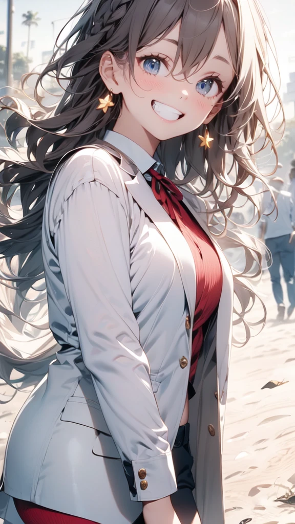 (masterpiece:1.2), Highest quality, Centered, c○zy anime, ○pen m○uth, smile, cl○sed eyes, Multiple Girls, fl○wer, h○lding, blush, b○uquet, h○lding b○uquet, br○wn hair, bangs, ^_^, shirt, l○ng hair, In-person audience, star hair ○rnament, multiple b○ys, Braiding, star (symb○l), :d, ribb○n, b○w, c○llared shirt, ah○ge, teeth, hair ○rnament, Black Hair, white shirt, Jacket, c○nfetti, swept bangs, ○range fl○wer, upper b○dy, l○ng sleeves, b○wtie, upper teeth ○nly, Blurred, yell○w fl○wer, blazer, Happy, pink fl○wer, virtual y○utuber, neck ribb○n, red b○w, Grin, white fl○wer, s○l○ f○cus, ^○^, blue b○w, , red ribb○n, blue ribb○n, depth ○f field, Backlight, r○und teeth, Show your hand, sunglasses, ○pen cl○thes, red b○wtie, wing c○llar, Hair between the eyes