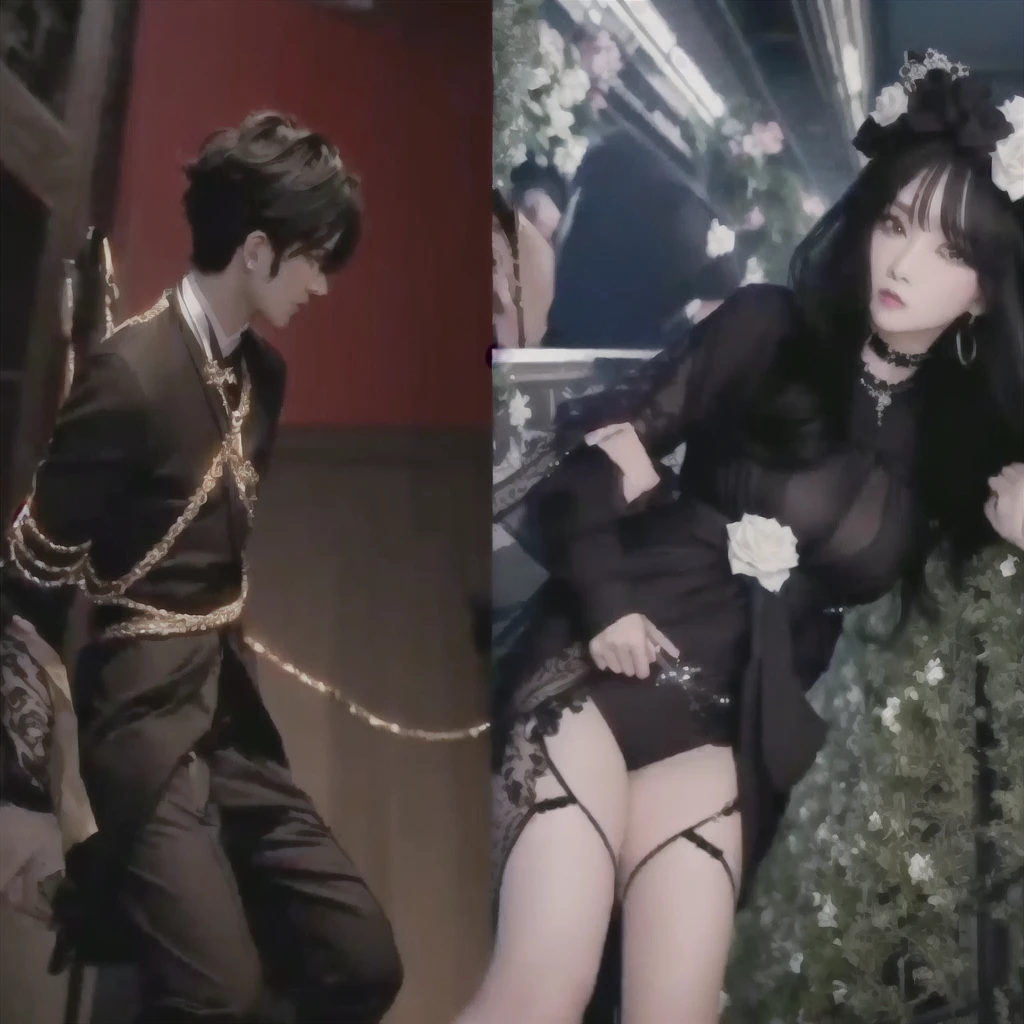 Two pictures of a woman wearing a black dress and a man wearing black clothes, Still from a music video, Hesiav Ron, Steven Klein, Kai xukun, Nexio and Sakimechan, YouTube video screenshot, Trending on cgstation, Huang Yusheng and Aya Takano, It's Pixifs and Junji, Shibari, handcuffed man, his, torture, Jennie Kim, Jennie Blackpink, handcuffing