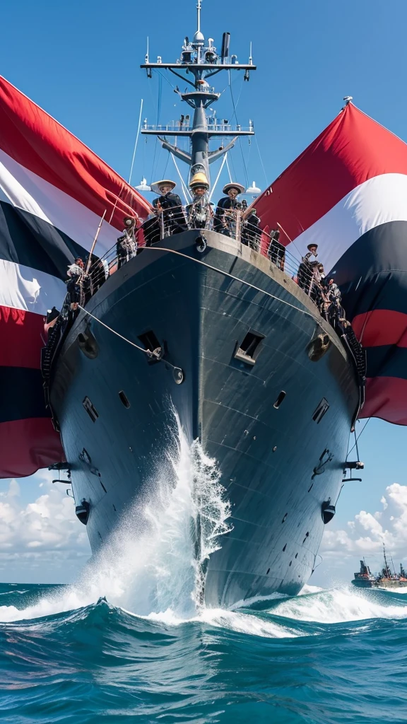 As the blue ocean spreads、The Kuki Navy fleet marches forward in a line.。The ship is heavy、The black and red coat of arms shines with the flag fluttering in the wind.。The crew was ready on deck、Warriors in armor take up their weapons。As the heartbeat increases、The sea breeze blows across their brave faces。

On the first ship、Conductor Yoshitaka Kuki stands、Gazing at the distant horizon。The enemy fleet begins to come into view、His determined eyes become even sharper.。The rowers all put in their strength、The ship cuts through the waves。

Though the ocean remains silent、The tension is there, foreshadowing the fierce battle that is about to begin.。