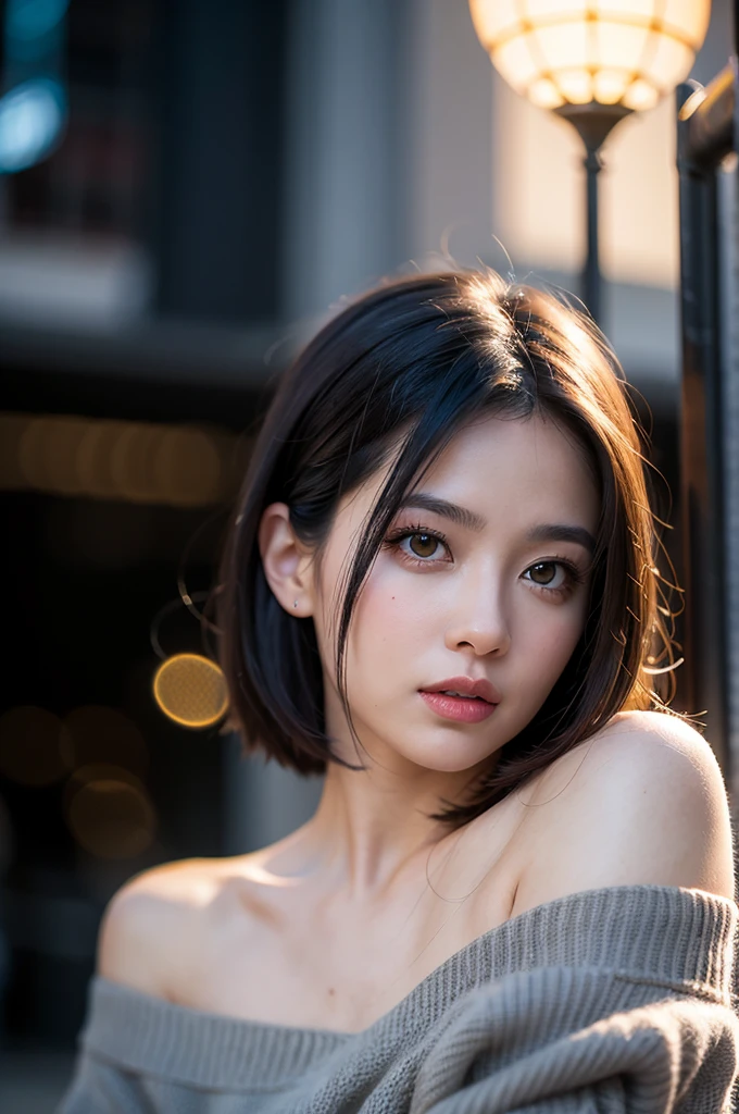 Highest quality, masterpiece, Ultra-high resolution, (Realistic: 1.4), RAW Photos, One girl, Off the shoulder, Cinema Lighting, Kiss pose, Heterochromia iridis, Gray Hair, Gray Hair