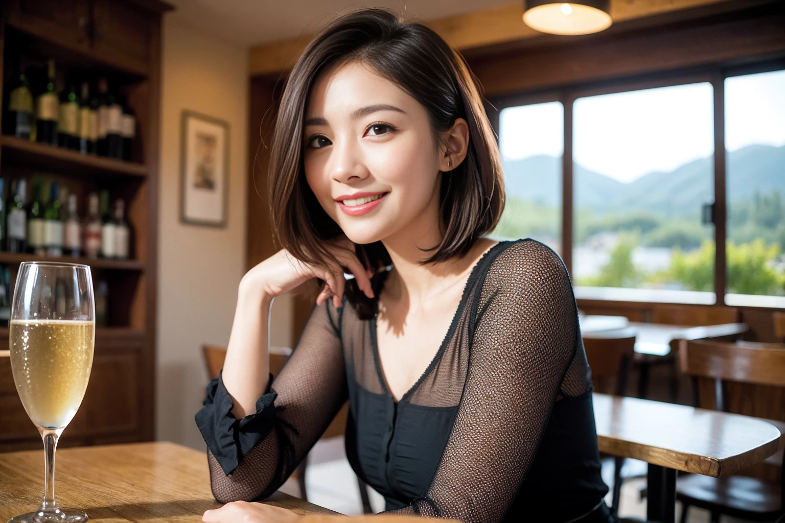 ((Highest quality、8K、masterpiece:1.3))、1 male、1 woman who resembles Satomi Ishihara、Couple、spouse、Couple、The body is slim、((Bob Hale、Straight hair:1.2)), (Realistic, Intricate details:1.2), テーブルの上のwine glass、Put the light on your face、 Amazing view of the sunset sky and clouds、Amazing mountain views、A bright smile、The wonderfulness of smile、Bright image、The beauty of wine, Beautiful Face, blue eyes, The light shines on your face, Blushing, short hair,Bright Face、42 years old), 39 years old, red wine 、Appetizers、Italian food、Wine bottle、Champagne、sparkling wine、Two beauties、Brown Hair、Shortcuts、Long sleeve shirt、dress、Beautiful woman 1, (slimな顔), (The body is slim), (Brown Hair), (Shortcuts), cheeks turn a little red,Attractive beauty、restaurant, In a prominent place (From the waist up) Nova Frog Style, actress, model, Upper Body, White wine, slim, wine glass, 中央に置かれたwine glass, smile, (smile: 1.15), Beautiful fine grain, Depth f/2,saturation, High Contrast, Strong light and shadow,Moist Body:1.5、3D texture、Delicate eyes、Brown Hair、The hair is very shiny、