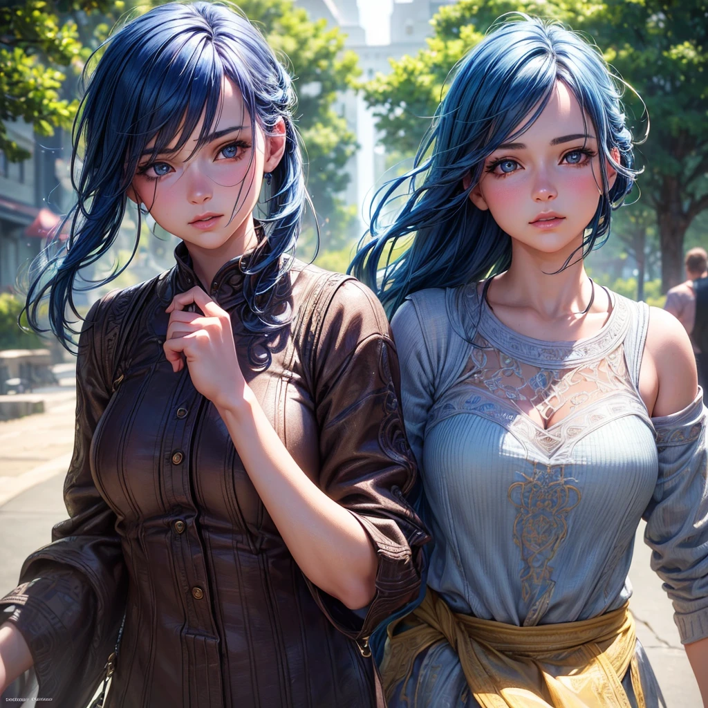 1 girl, beautiful detailed eyes, beautiful detailed lips, blue hair, brown eyes, casual clothes, outdoors, peaceful expression, soft lighting, vibrant colors, (best quality,4k,8k,highres,masterpiece:1.2),ultra-detailed,(realistic,photorealistic,photo-realistic:1.37),intricate details, cinematic lighting, award winning, concept art, dramatic lighting