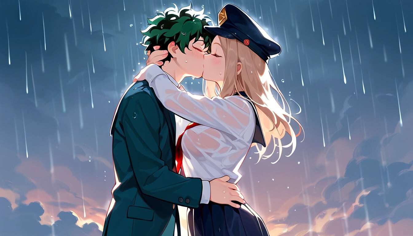 anime artwork, score_9, score_8_up, score_7_up, score_6_up, score_5_up, score_4_up, r,Camie Utsushimi, light brown hair, dark brown eyes,, breasts, , big breasts,  (school uniform:1.2), standing, cap, she is 24 years old,   wet whirt, ,horny, , , ,  style_3, 1boy, Izuku Midoriya,  kissing,  outdoors, raining,  blush, wet, dark atmoshpere, They are completely soaked, evening, gaps in the clouds, his hands on her hips, hugging, closed eyes