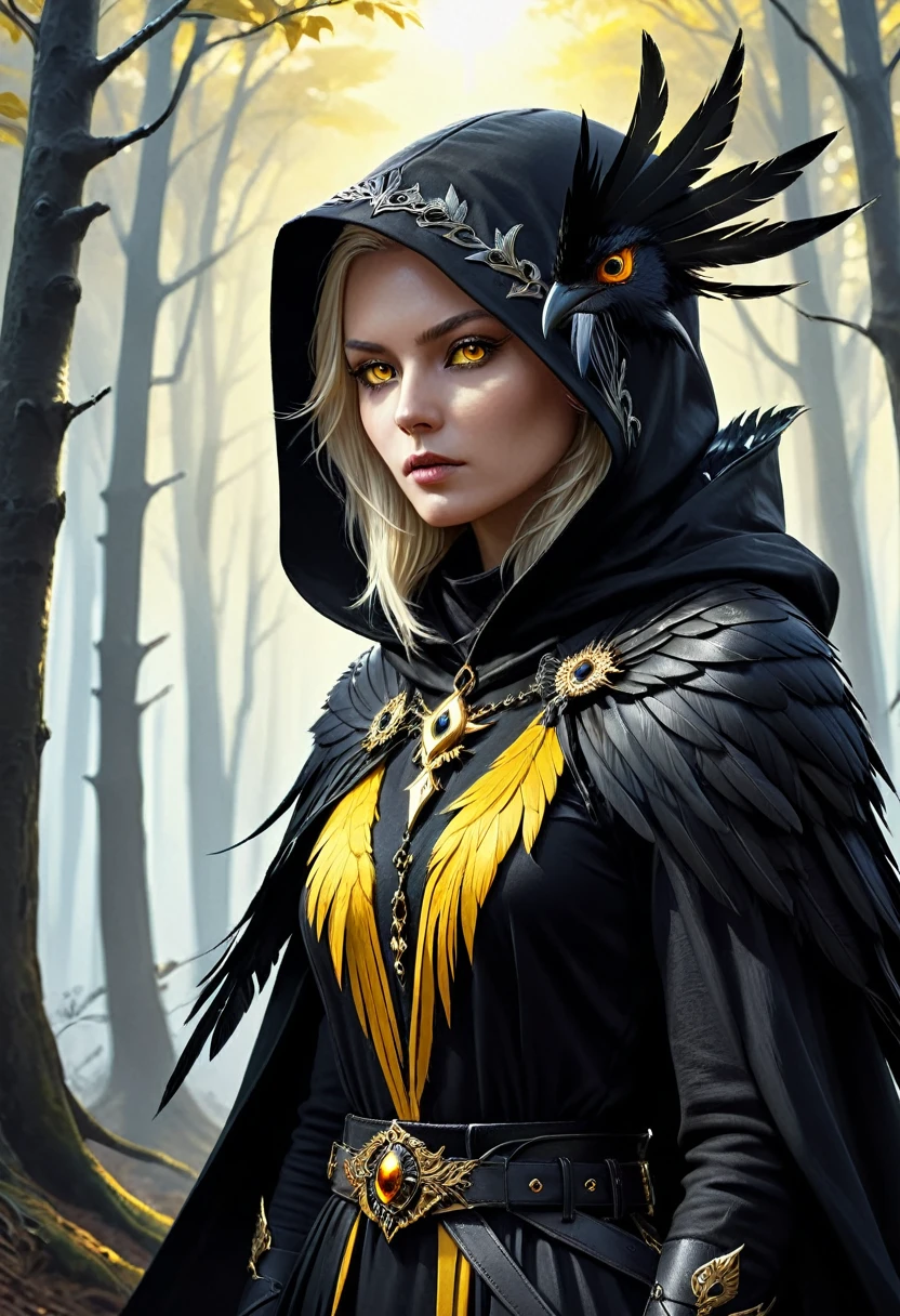 Blonde crow-woman in dark fantasy attire, crow head hood, gold jewelry, dagger on belt, stands against a hill in bright forest background, bright yellow bird eyes, white skin, black feather cloak, digital painting, bright colors, sharp focus on face with hyperrealistic anatomy, high contrast, cinematography, high resolution, dynamic composition, mystical setting, accent lighting, shadow play, chiaroscuro effect, octane rendering, fantasy fashion full, High Resolution, High Quality , Masterpiece