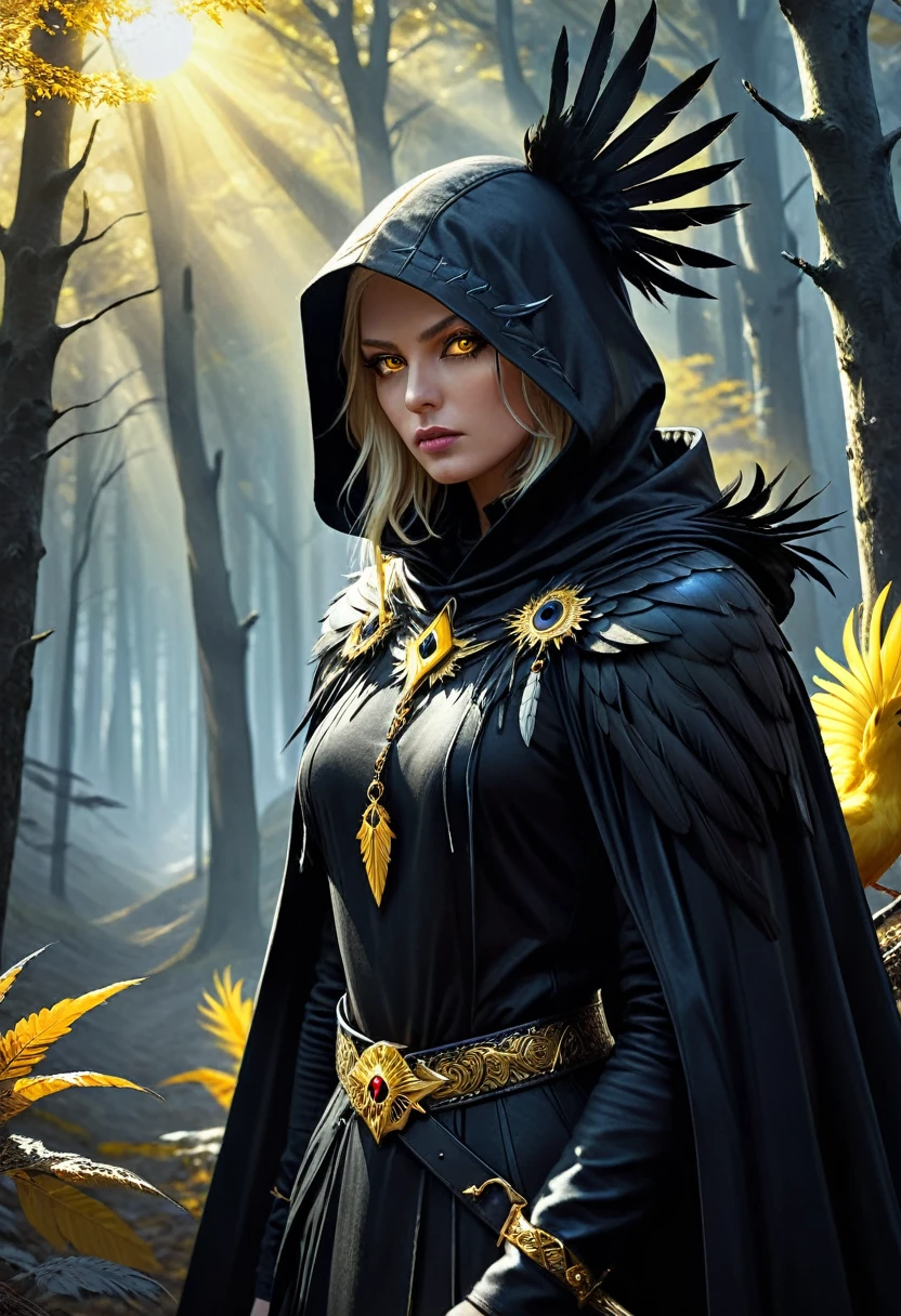 Blonde crow-woman in dark fantasy attire, crow head hood, gold jewelry, dagger on belt, stands against a hill in bright forest background, bright yellow bird eyes, white skin, black feather cloak, digital painting, bright colors, sharp focus on face with hyperrealistic anatomy, high contrast, cinematography, high resolution, dynamic composition, mystical setting, accent lighting, shadow play, chiaroscuro effect, octane rendering, fantasy fashion full, High Resolution, High Quality , Masterpiece