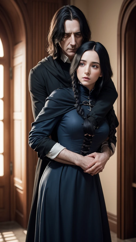 Make an ultra-realistic image, Mega 4k of Professor Severus Snape with a serious, ruiva do cabelo curto ecaracolado, de olhos azuis e poucas sardas no rosto, with a dark blue baby outfit. The setting is in a dark and ancient mythological house with dark colors. Snape looks at her sternly as he holds her in his arms..