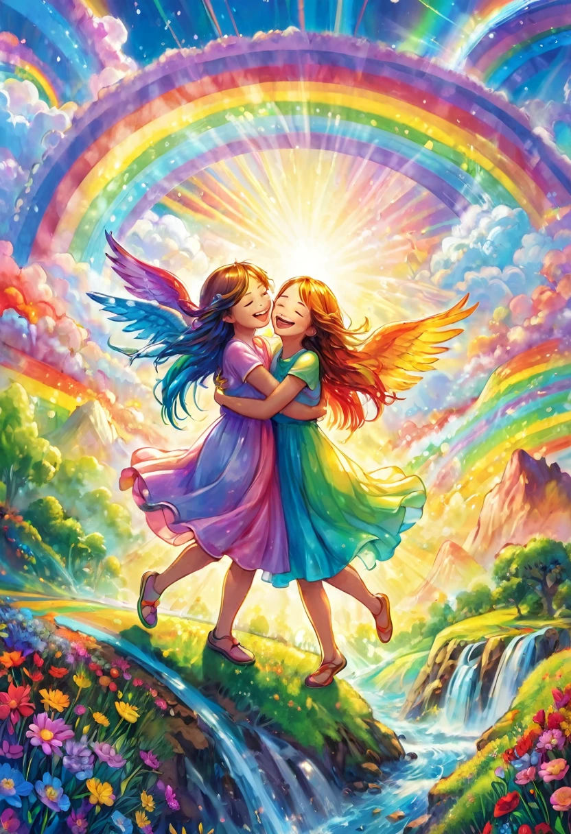 Angels hugging the earth and rejoicing, happiness, smiles, love, big rainbow colored light