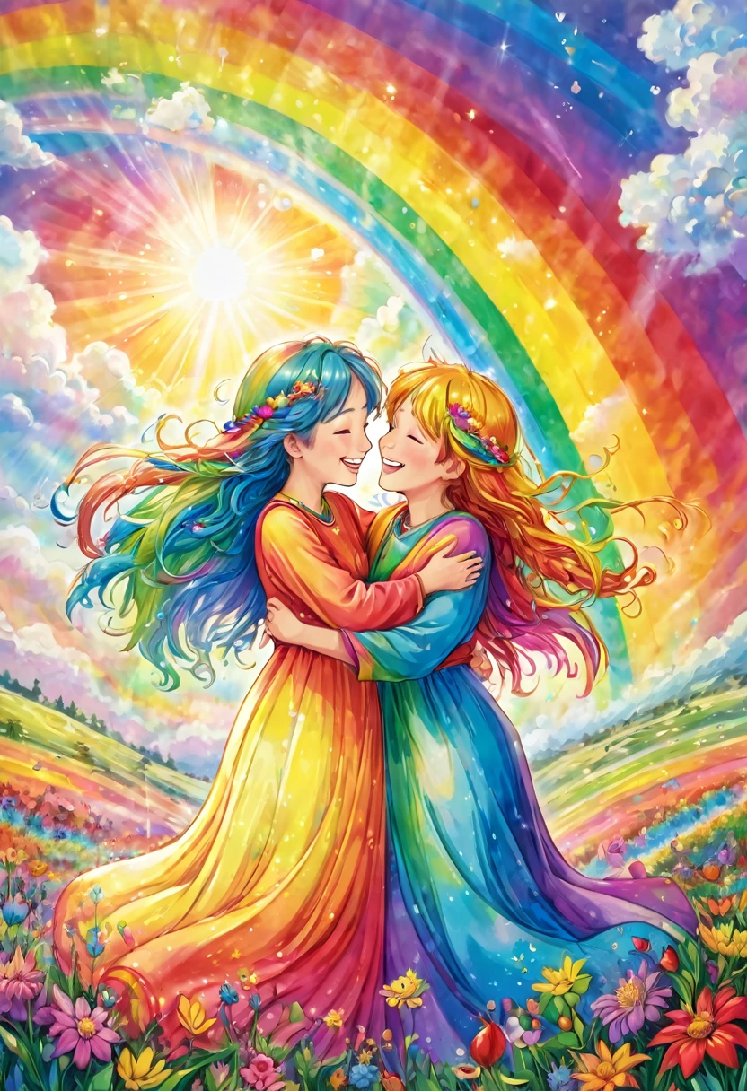 Angels hugging the earth and rejoicing, happiness, smiles, love, big rainbow colored light