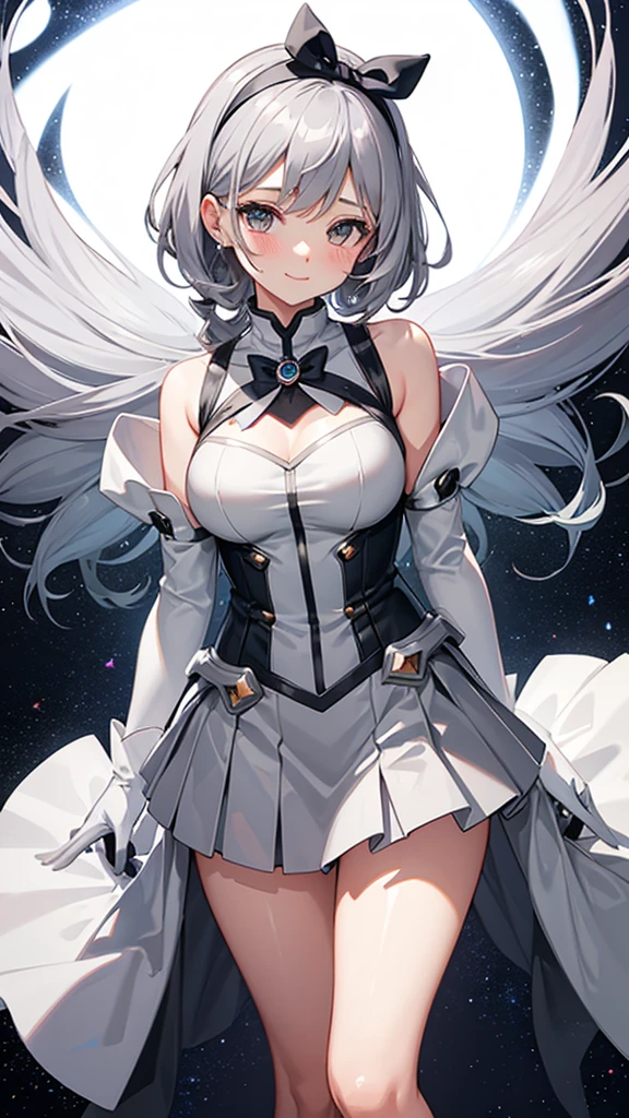 Magical girl Grey Costume Grey medium hair mini skirt No sleeve Long gloves Headband blush smile standing facing this way universe space