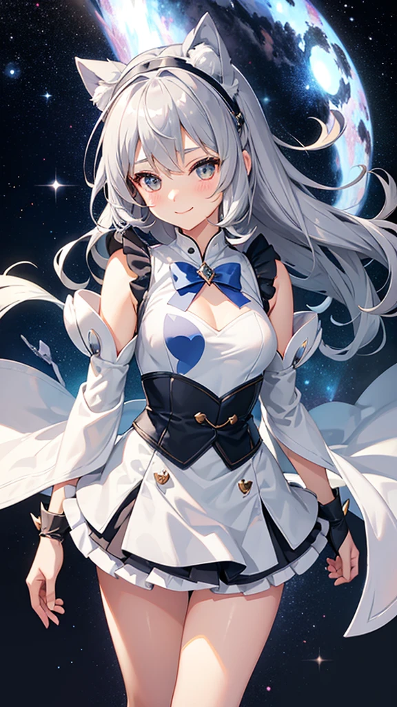Magical girl　Grey Costume　Grey medium hair　mini skirt　No sleeve　Long gloves　Headband　blush　smile　standing facing this way　universe space