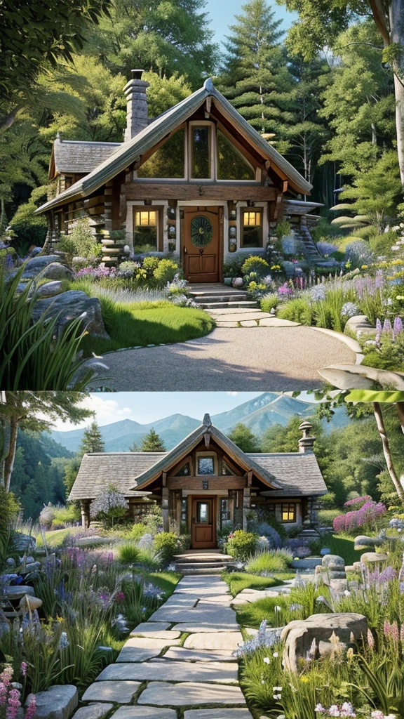 (masterpiece,Highest quality:8K) Close-up of a house with a garden and stone walkways, Cottagecore!!, Cottagecore, Beautiful Home, fantasy house, Cottagecore hippie, 森の小道にあるBeautiful Home, Dreamy details, In the House of the Hobbit, Fantasy Setting, Fantastic setting, Cottage Hippie Naturalist, Magical Environment, House Background