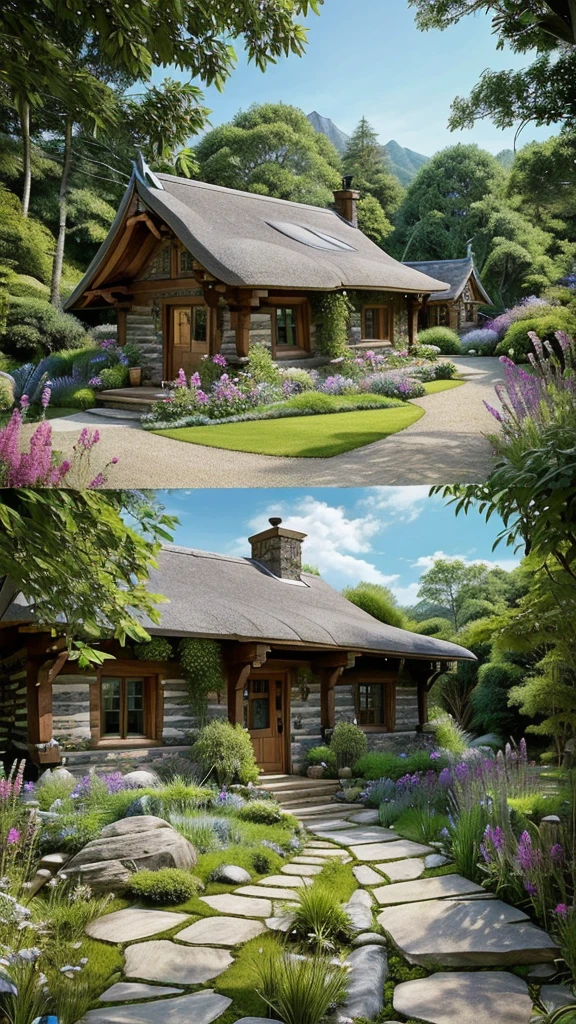 (masterpiece,Highest quality:8K) Close-up of a house with a garden and stone walkways, Cottagecore!!, Cottagecore, Beautiful Home, fantasy house, Cottagecore hippie, 森の小道にあるBeautiful Home, Dreamy details, In the House of the Hobbit, Fantasy Setting, Fantastic setting, Cottage Hippie Naturalist, Magical Environment, House Background