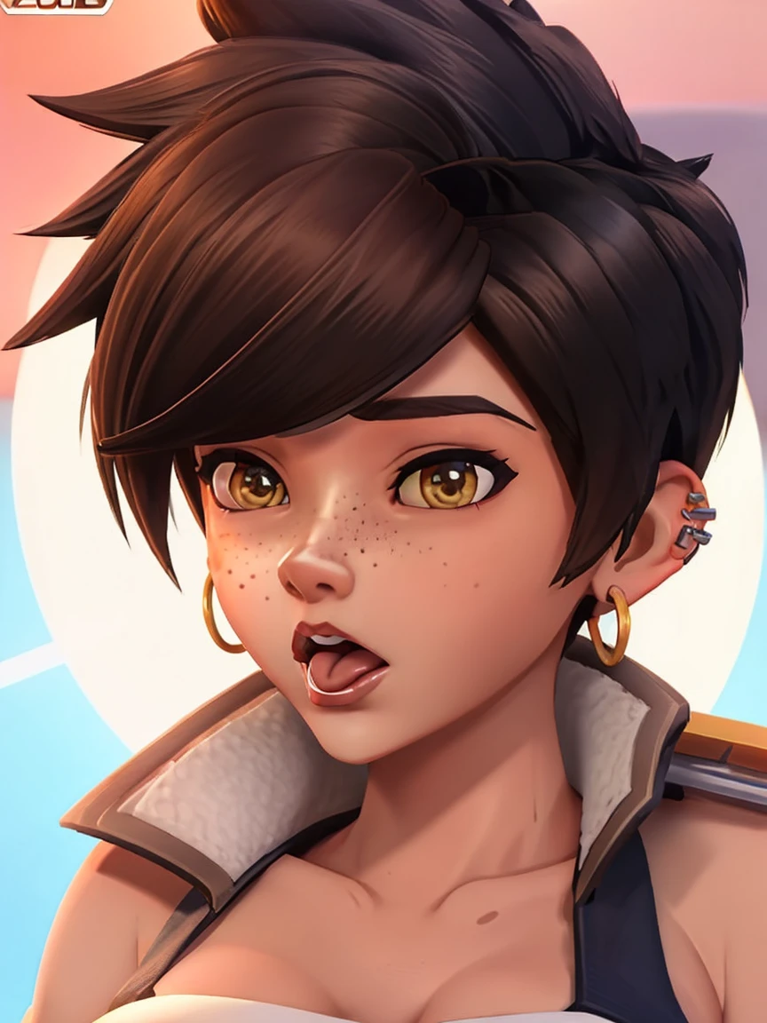 VHS cover for a porn starring tracer. hoop-earings. open mouth. tongue. tongue out. drooling. looking at viewer. sexy pose. naked. nude. slut. small_boobs. nipples. pussy, freckles. pornstar nsfw