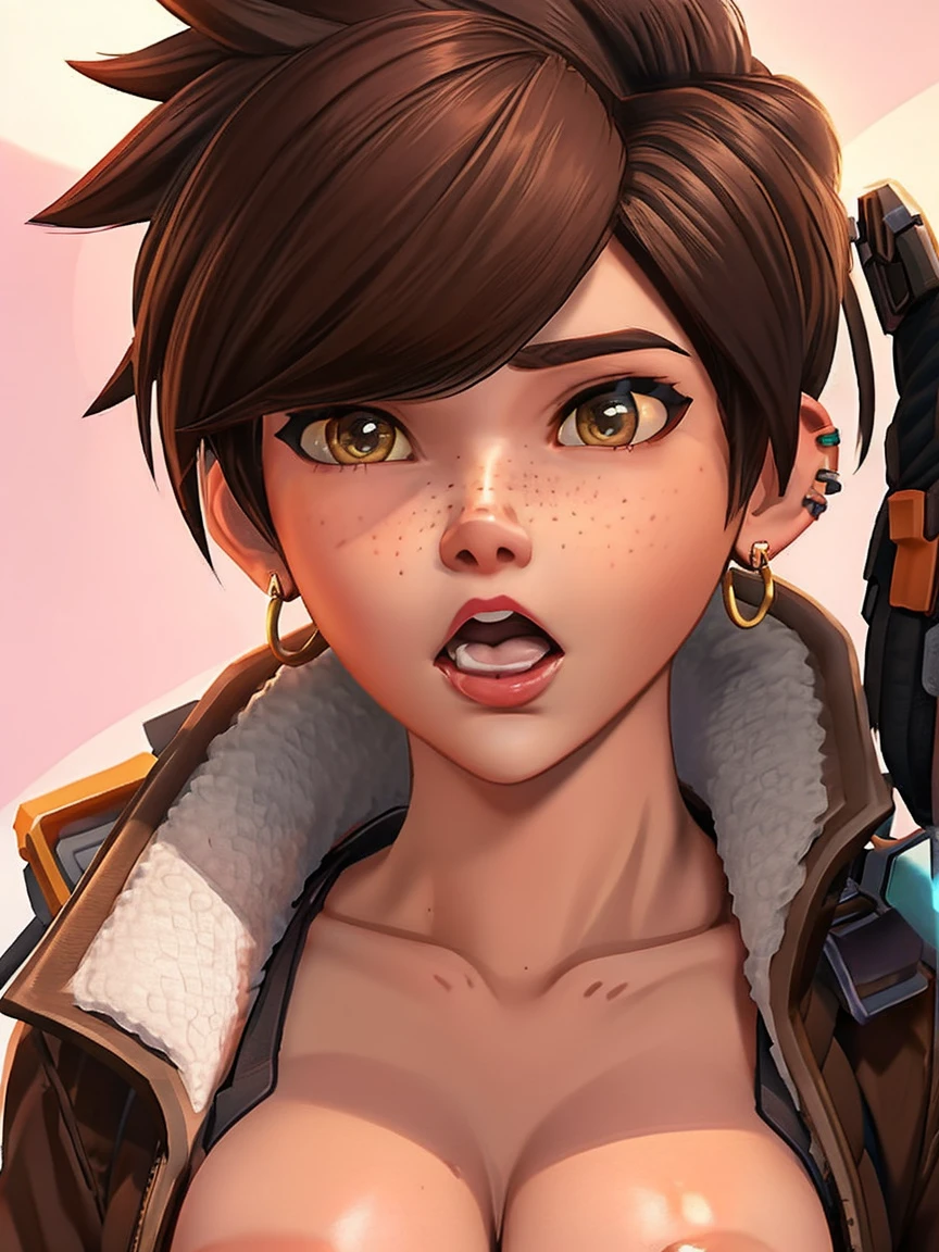 VHS cover for a porn starring tracer. hoop-earings. open mouth. tongue. tongue out. drooling. looking at viewer. sexy pose. naked. nude. slut. small_boobs. nipples. pussy, freckles. pornstar nsfw