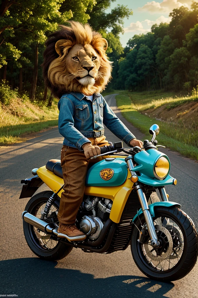 A cute cartoon character of a lion riding a motorcycle on a rural road, in the style of a Pixar or animated film, with detailed textures and lighting, vibrant colors, and a whimsical, lighthearted tone.