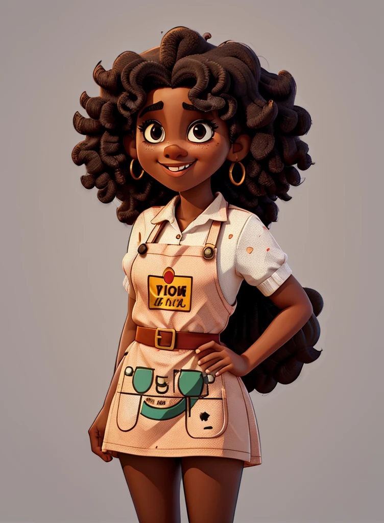  woman with black afro curly hair and smiling mouth and brown eyes , Vector background in pop art and apron retro comic dots style