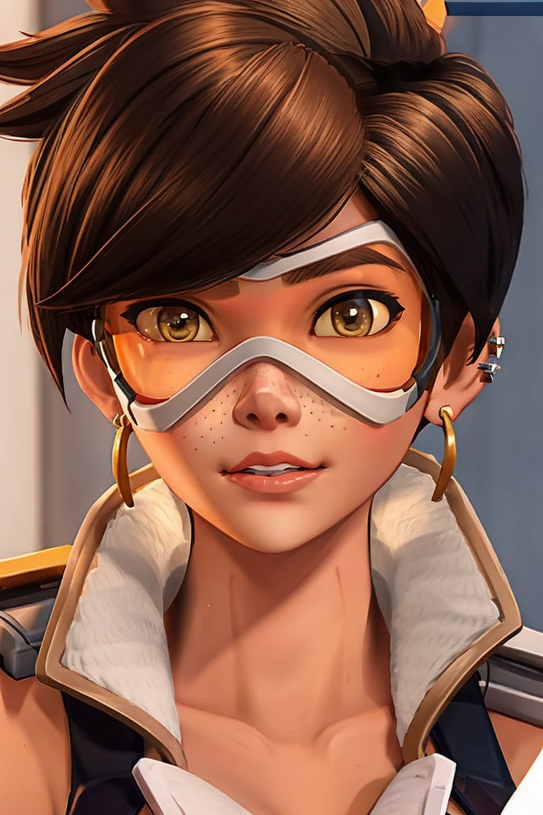 VHS cover for a porn starring tracer. hoop-earings. biting her lip. naked. nude. slut. small_boobs. freckles. pornstar nsfw