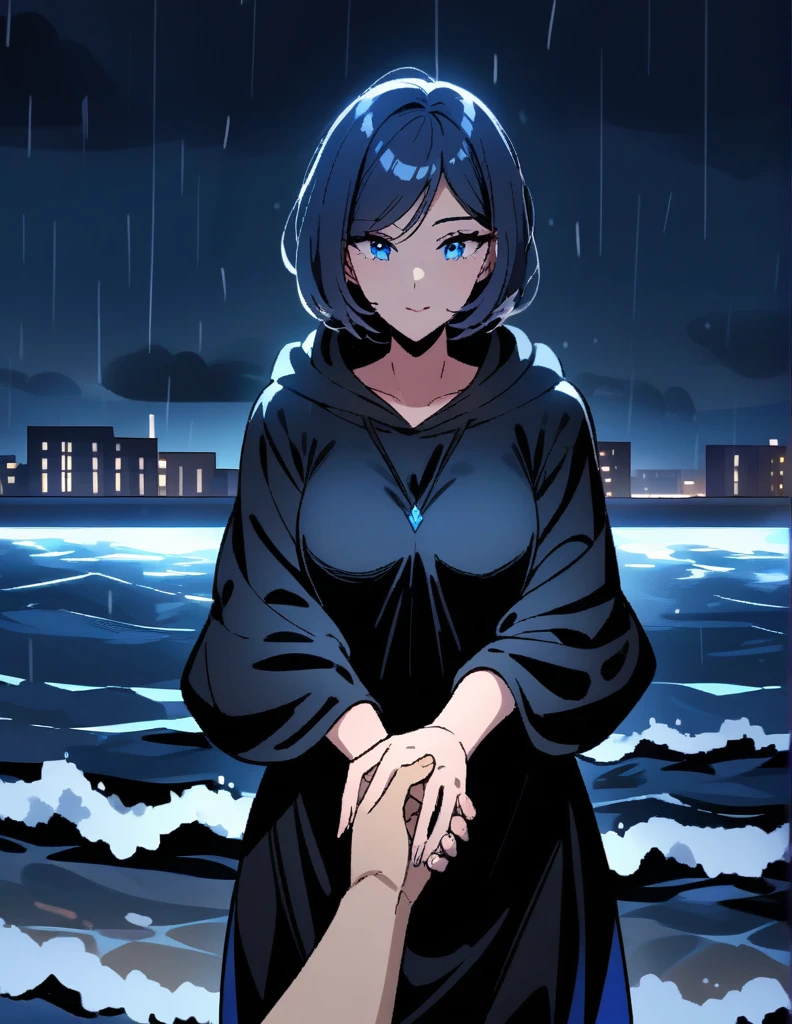 Mysterious greek milf woman with short hair, wearing a black hooded tunic, with dazzling blue eyes, holds out her hand while making a proposal, on a rainy night with the rough sea in the background