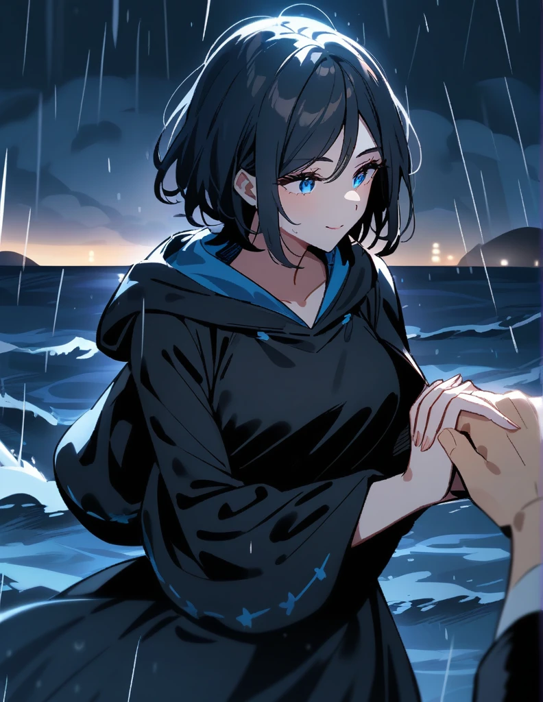 Mysterious greek milf woman with short hair, wearing a black hooded tunic, with dazzling blue eyes, holds out her hand while making a proposal, on a rainy night with the rough sea in the background