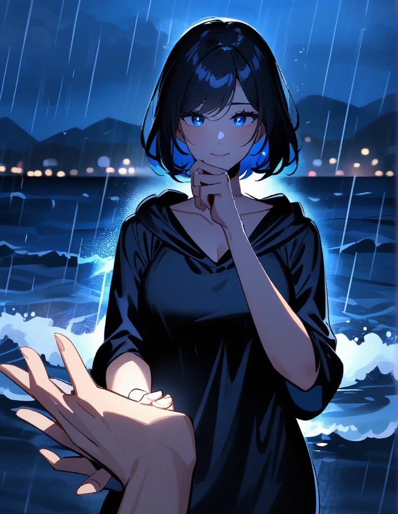 Mysterious greek milf woman with short hair, wearing a black hooded tunic, with dazzling blue eyes, holds out her hand while making a proposal, on a rainy night with the rough sea in the background