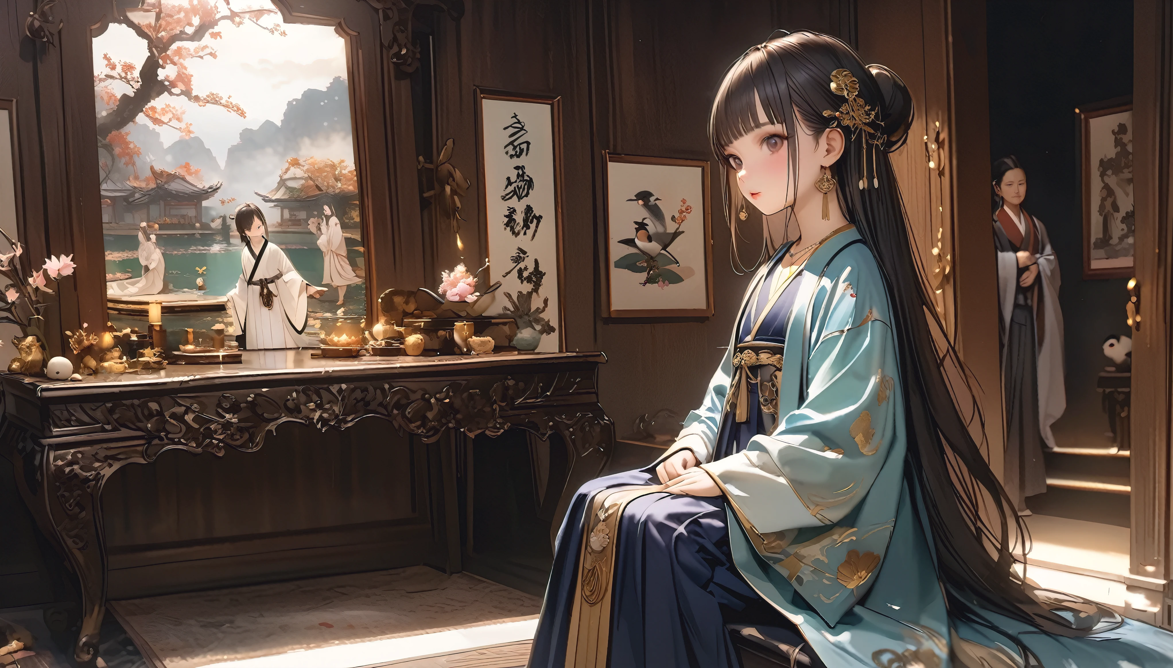 (solo), (A :1.2), (very young little girl), l, (small breas(wide angle), raw photo, Aesthetic, Convoluted, Awarded, chiaroscuro, Best Quality, Detailed background, (Misty atmosphere:1.2),((Girl in very large hanfu:1.2)),Nongyu, wise, understood, Huang's intentions, quietly returned, room, took off, mourning clothes, put on, fitted jacket, traditional style, Western tailoring, high and graceful figure, Mr. Li loved, elegance, light blue jacket, embroidered flowers, gradient blue, pink, yellow, gold edges, shining, tassels, pleat, wide hem, knee-length, pleated skirt, dark blue fabric, cloth belt, mandarin ducks, lifelike, harmony, beauty. Sitting, dressing table, meticulous makeup, Mr. Li compared, fairy, Yao Pond, graceful ladies, ancient paintings, lotus bun, magpie tail, swaying hairpin, golden beads, jade pendants, jasmine needles, gold, jade, precious stones, shimmering, stone ink, eyebrows, rouge lips, lead powder, white skin, moon pearls, earrings, jade necklace, gold bracelets, wrists, charming, luxurious. Closed door, bowed, Mr. Li's coffin, whispered, ready, serve, wrote, suicide note, "Parasol tree, grow old, mandarin ducks, die together, virtuous wife, husband's death, cost, her life." Elegant handwriting, firm, inner determination, calmness, chaotic world, eternal love, loyalty.