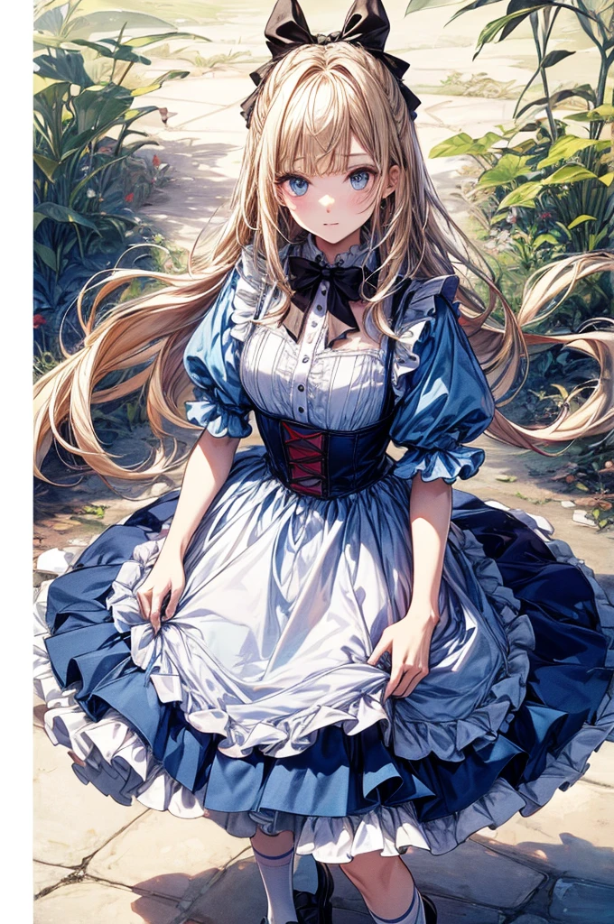 (Official Art、Highest quality、Unity 8k wallpaper、32k、masterpiece、Ultra-detailed、Ultra-high resolution)、Fantastic、((Alice in Wonderland))、Blonde、Tie your hair with a ribbon、Blue colored eyes、Blue Apron Dress、White socks、Trump、Usagi