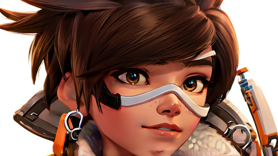 VHS cover for a porn starring tracer. hoop-earings. open mouth. tongue. tongue out. drooling. looking at viewer. sexy pose. naked. nude. slut. small_boobs. freckles. pornstar nsfw