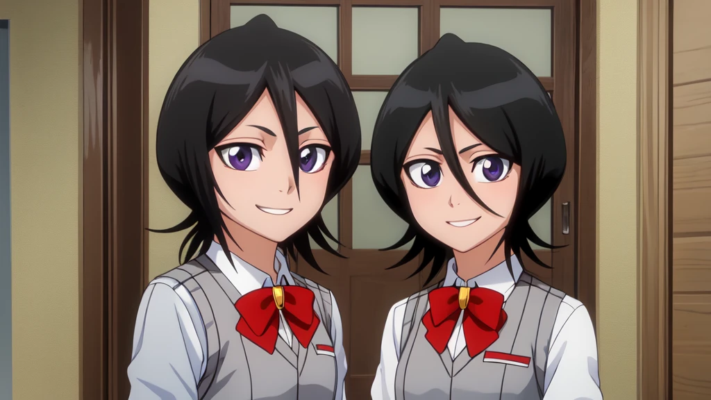 ((Highest quality)), ((Very detailed)), Very detailed顔, Beautiful Face, , (One girl), Cowboy Shot, Rukia, Black Hair, short hair, Hair between the eyes, Purple eyes, Small breasts, smile, , White collared shirt, Red bow tie, Grey pleated skirt, shoes下, shoes, (indoor, At the front door)